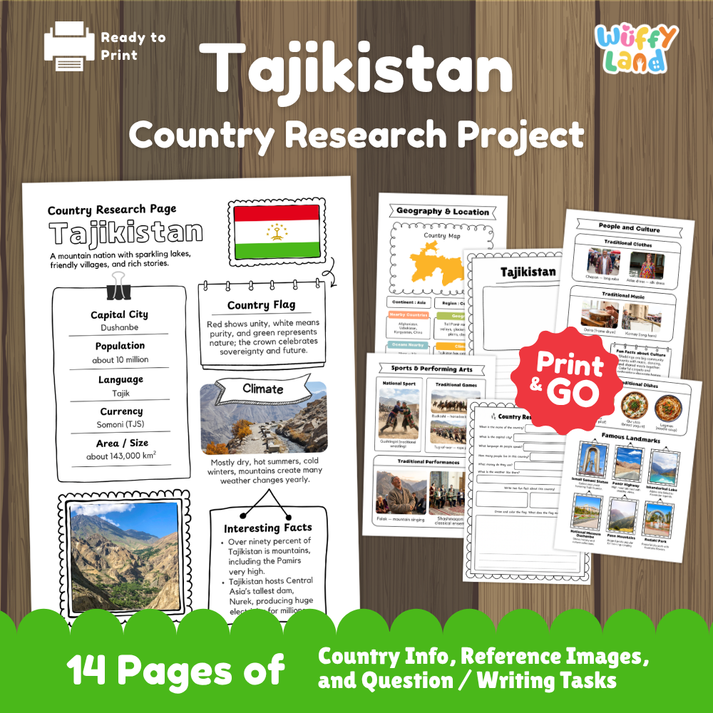 Student country research worksheet on Tajikistan featuring national flag, Dushanbe capital facts, mountain climate, and geography map