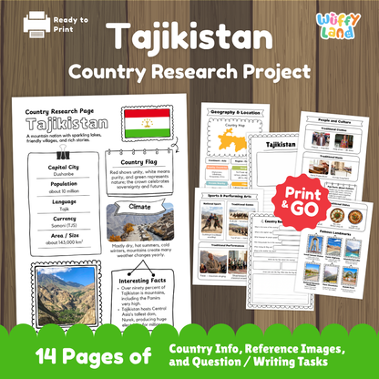 Student country research worksheet on Tajikistan featuring national flag, Dushanbe capital facts, mountain climate, and geography map