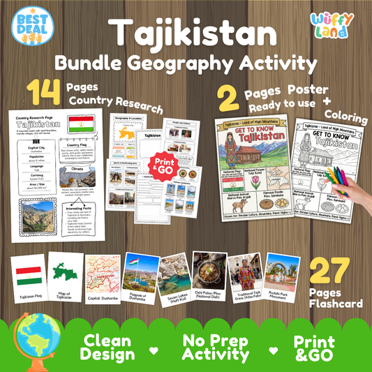 Tajikistan geography activity bundle cover showing 14 country research pages, 2 ready to use coloring posters, and 27 photo flashcards