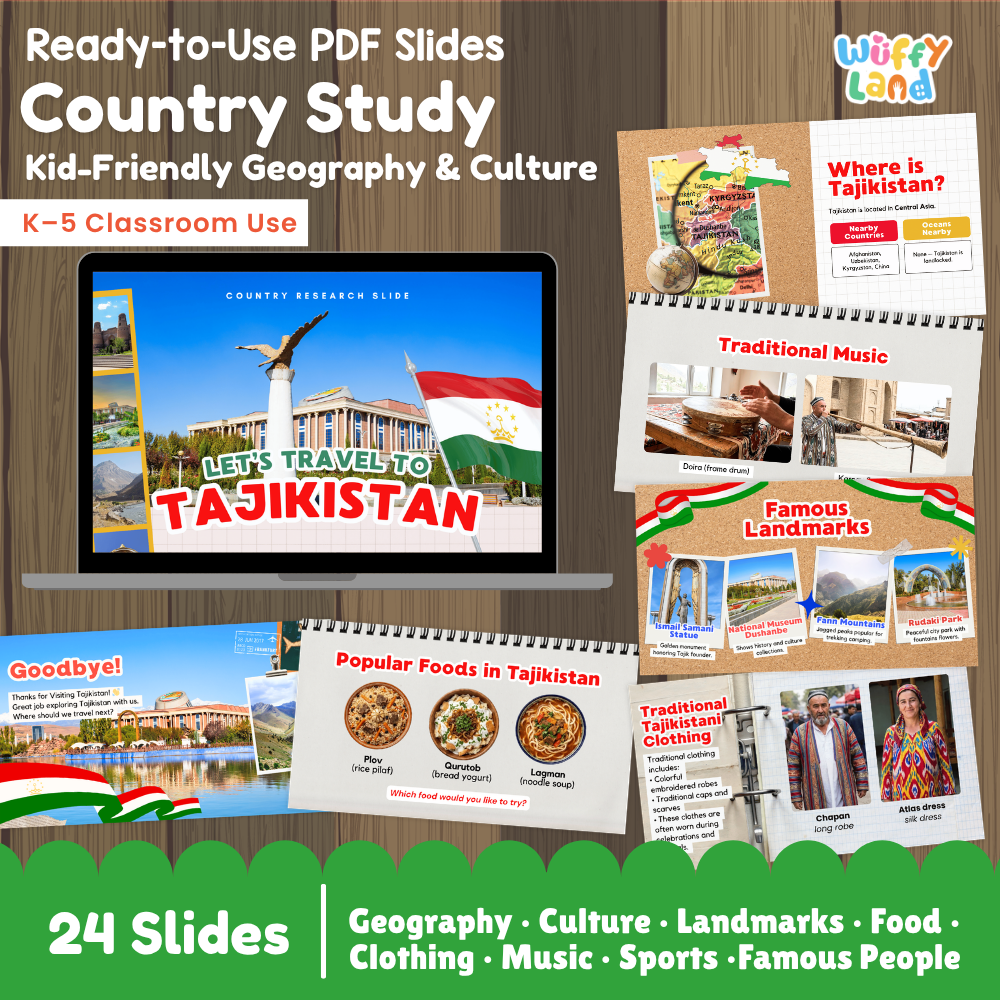 Digital product preview for a 'Country Study: Kid-Friendly Geography & Culture' PDF slide set about Tajikistan, shown with a laptop mockup and several sample slide thumbnails on a wood background. The brand name 'Wiffly land' appears in the top right.