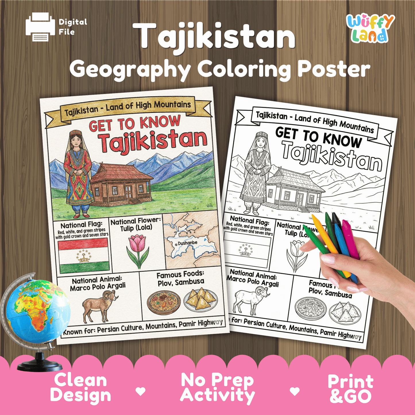 Tajikistan Country Study Geography Coloring Page Worksheet Activity | Asia