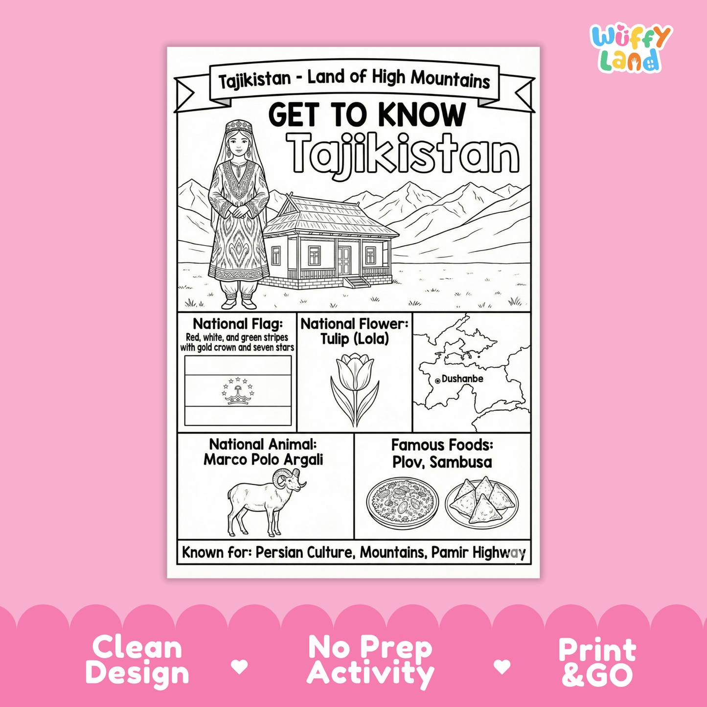 Tajikistan Country Study Geography Coloring Page Worksheet Activity | Asia