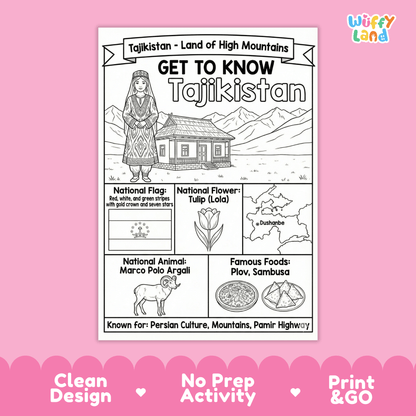 Tajikistan Country Study Geography Coloring Page Worksheet Activity | Asia