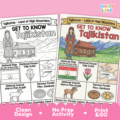 Tajikistan Country Study Geography Coloring Page Worksheet Activity | Asia