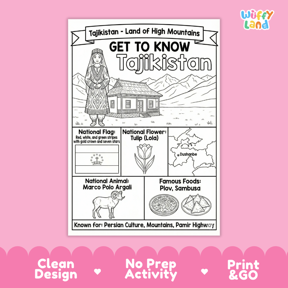 Tajikistan Geography Coloring Poster | Country Study Research Worksheet Activity