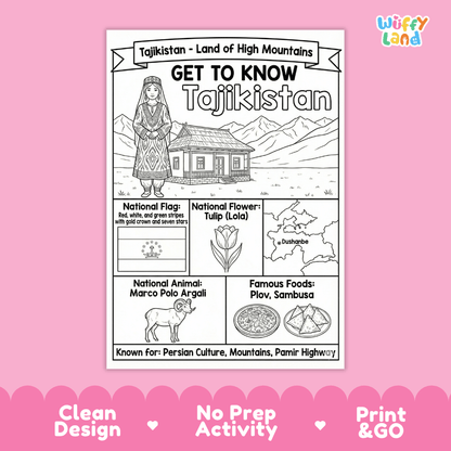 Tajikistan Geography Coloring Poster | Country Study Research Worksheet Activity
