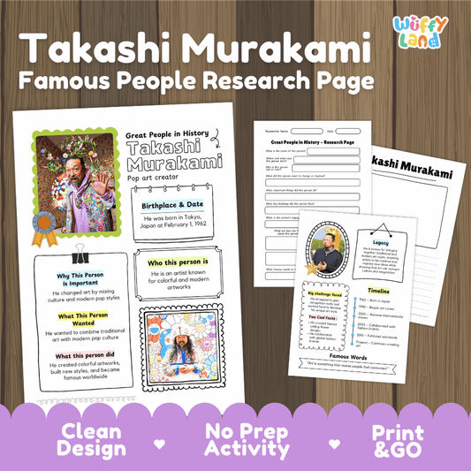 Takashi Murakami biography research worksheets pack featuring graphic organizers, timeline activity, and student writing template