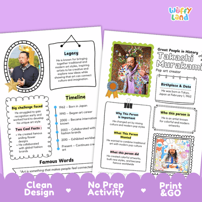 Educational biography summary worksheet featuring a chronological timeline, famous quote, and lined student writing page