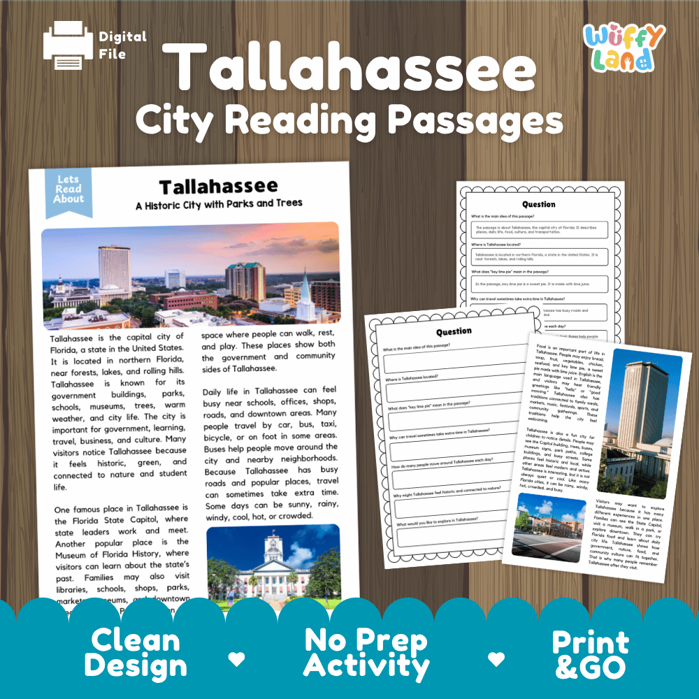 Tallahassee city reading passages and comprehension worksheet educational unit featuring nonfiction text and authentic Tallahassee Florida skyline and park photography