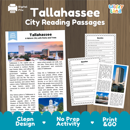 Tallahassee city reading passages and comprehension worksheet educational unit featuring nonfiction text and authentic Tallahassee Florida skyline and park photography