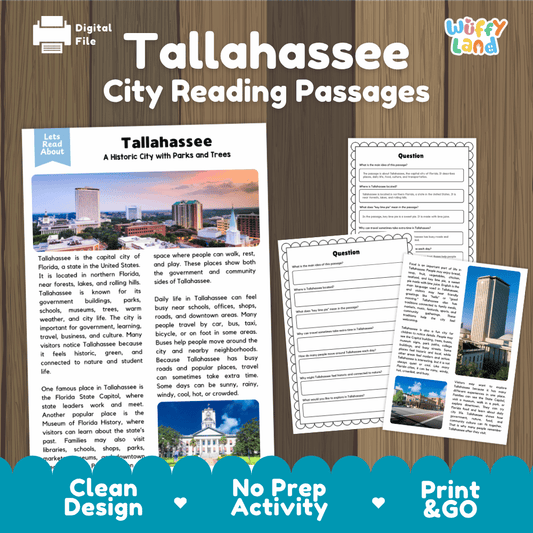 Tallahassee city reading passages and comprehension worksheet educational unit featuring nonfiction text and authentic Tallahassee Florida skyline and park photography