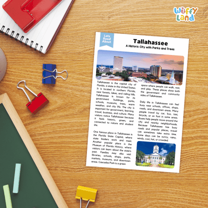 Lined reading comprehension question worksheet covering main ideas vocabulary terms and landmark facts about Tallahassee Florida