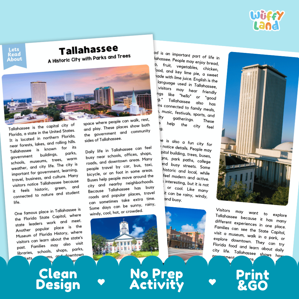 Reference sheet and answer key for Tallahassee landmark reading passage displaying completed comprehension answers and United States geography facts