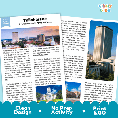 Reference sheet and answer key for Tallahassee landmark reading passage displaying completed comprehension answers and United States geography facts