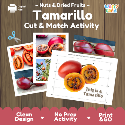 Tamarillo cut and match activity cover showing printable fine motor puzzle sheets and fruit photographs