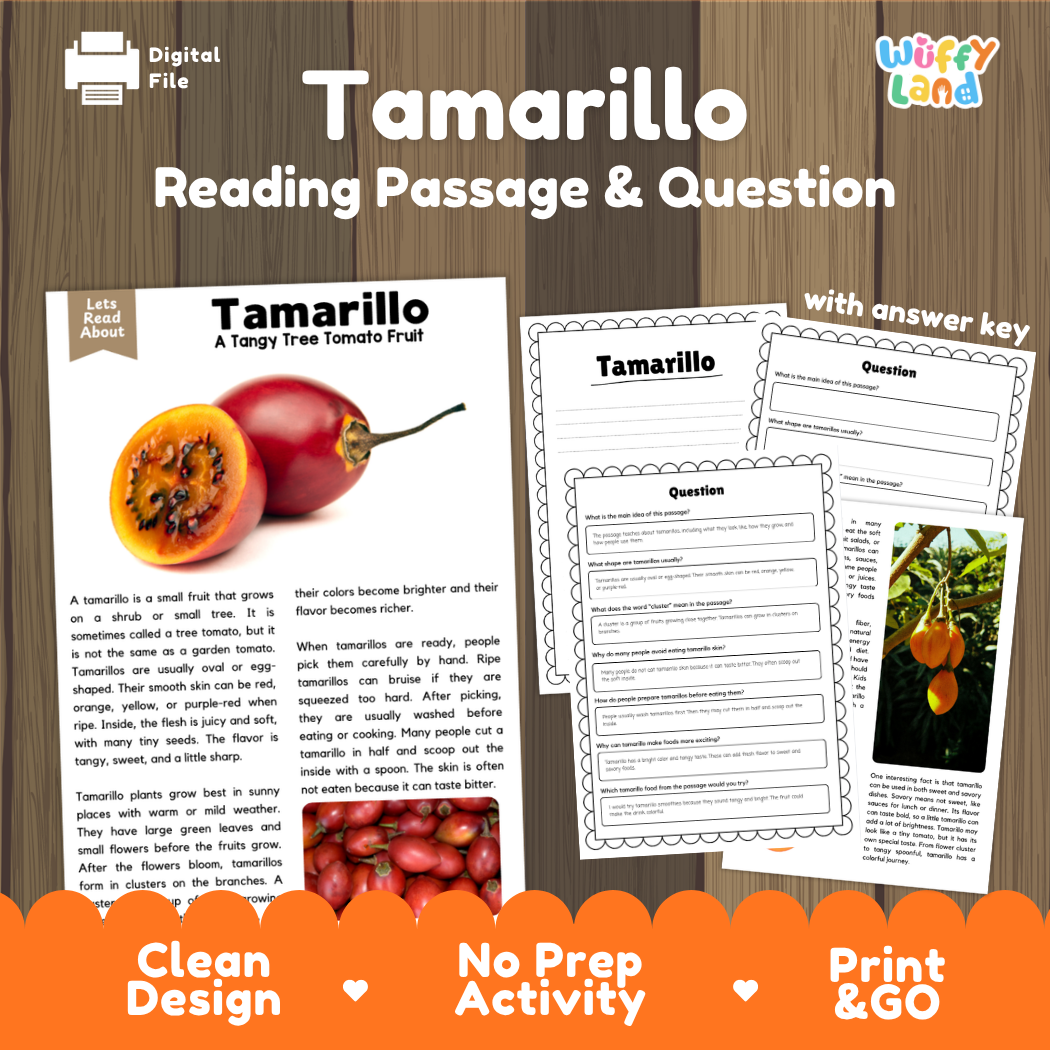 Tamarillo reading comprehension passage and questions printable activity pack with answer key for elementary students