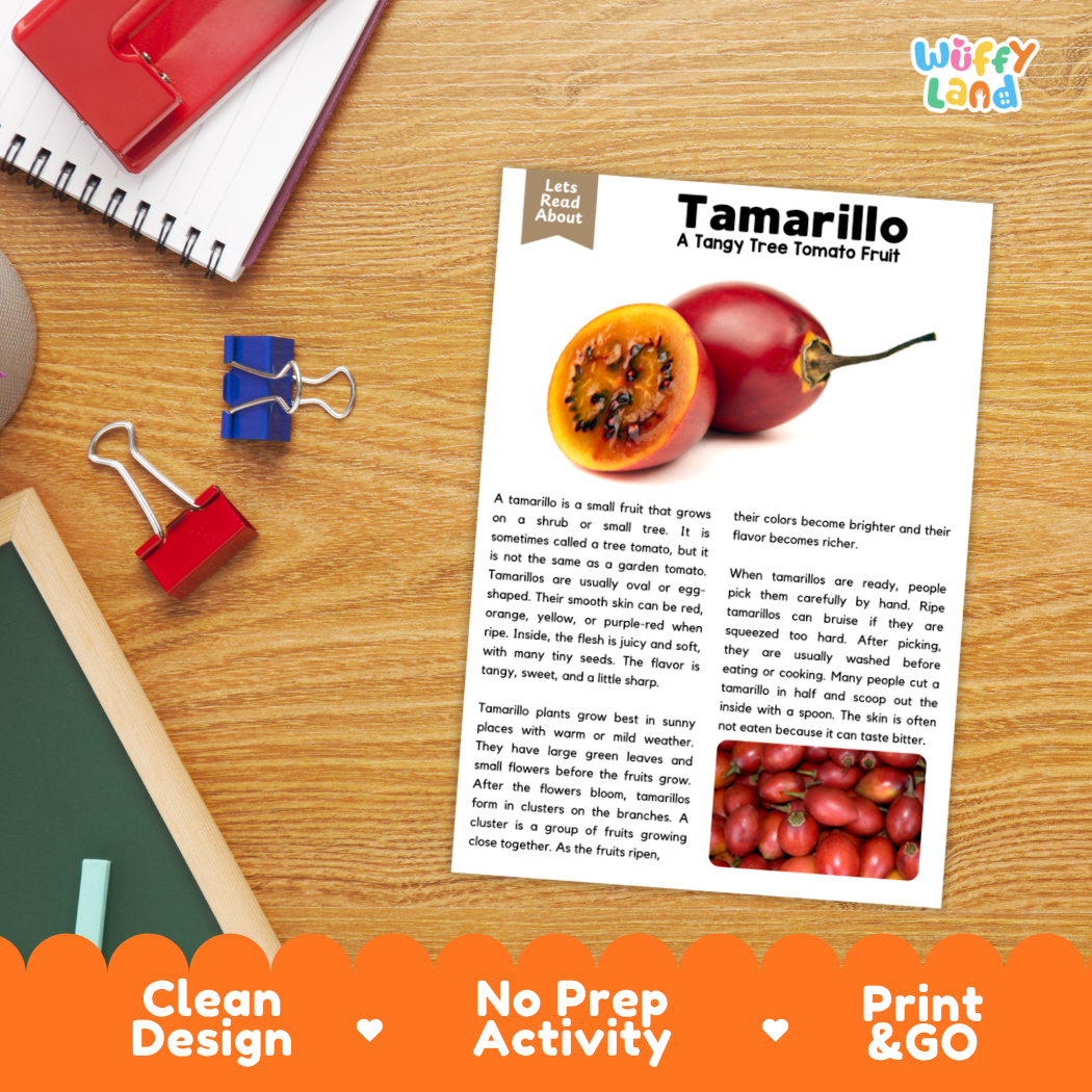 Student reading comprehension worksheet with short-answer questions and lined sections about the tamarillo fruit