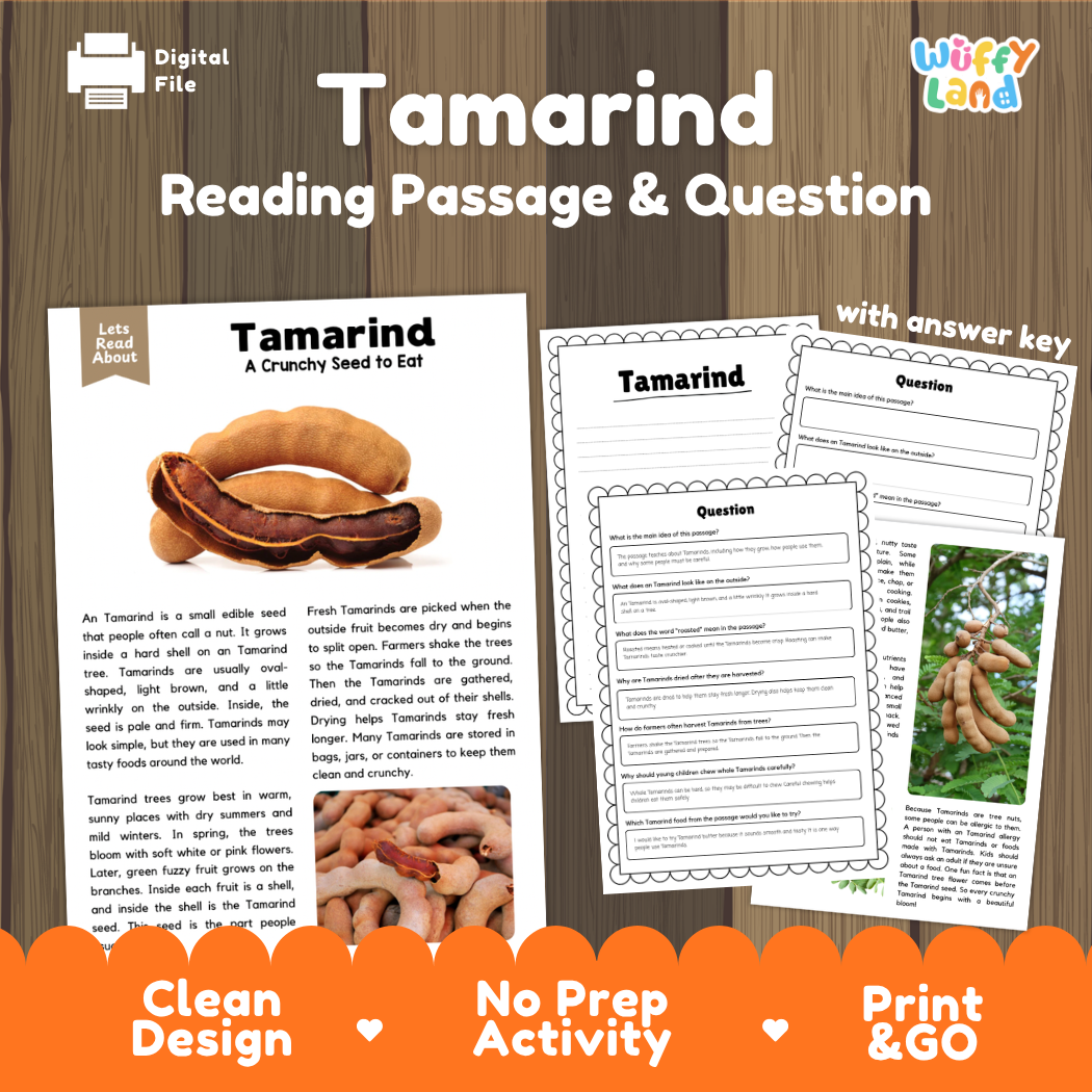 Tamarind reading comprehension passage and questions printable activity pack with answer key for elementary students