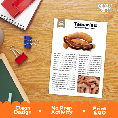 Student reading comprehension worksheet with short-answer questions and lined sections about the tamarind