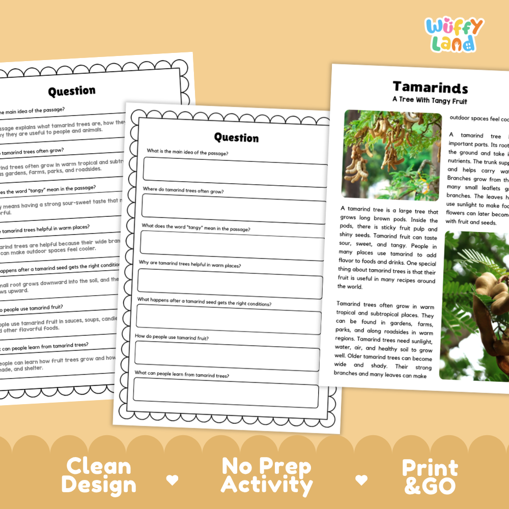 Tamarind Plant Reading Passages Worksheets and Comprehension Activity