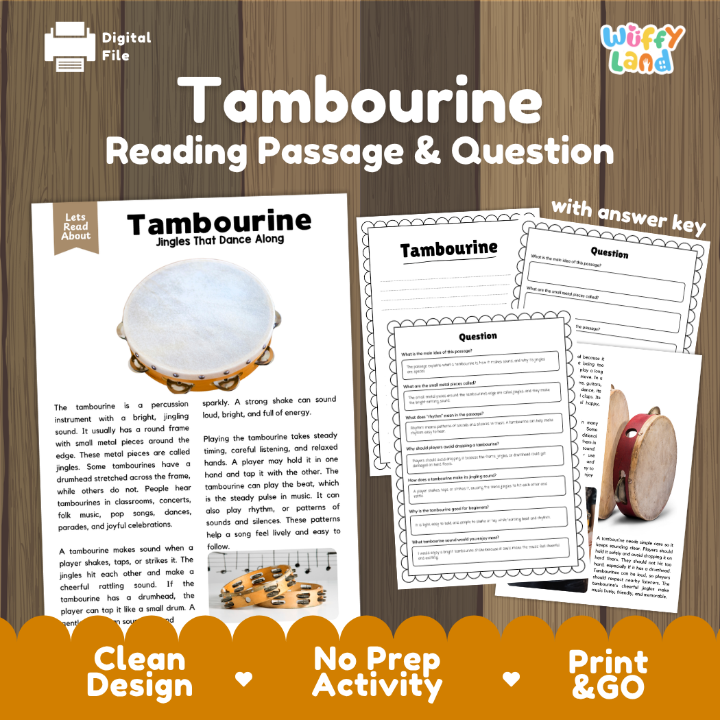 Tambourine reading comprehension passage and questions printable activity pack with answer key for elementary students
