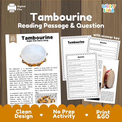Tambourine reading comprehension passage and questions printable activity pack with answer key for elementary students