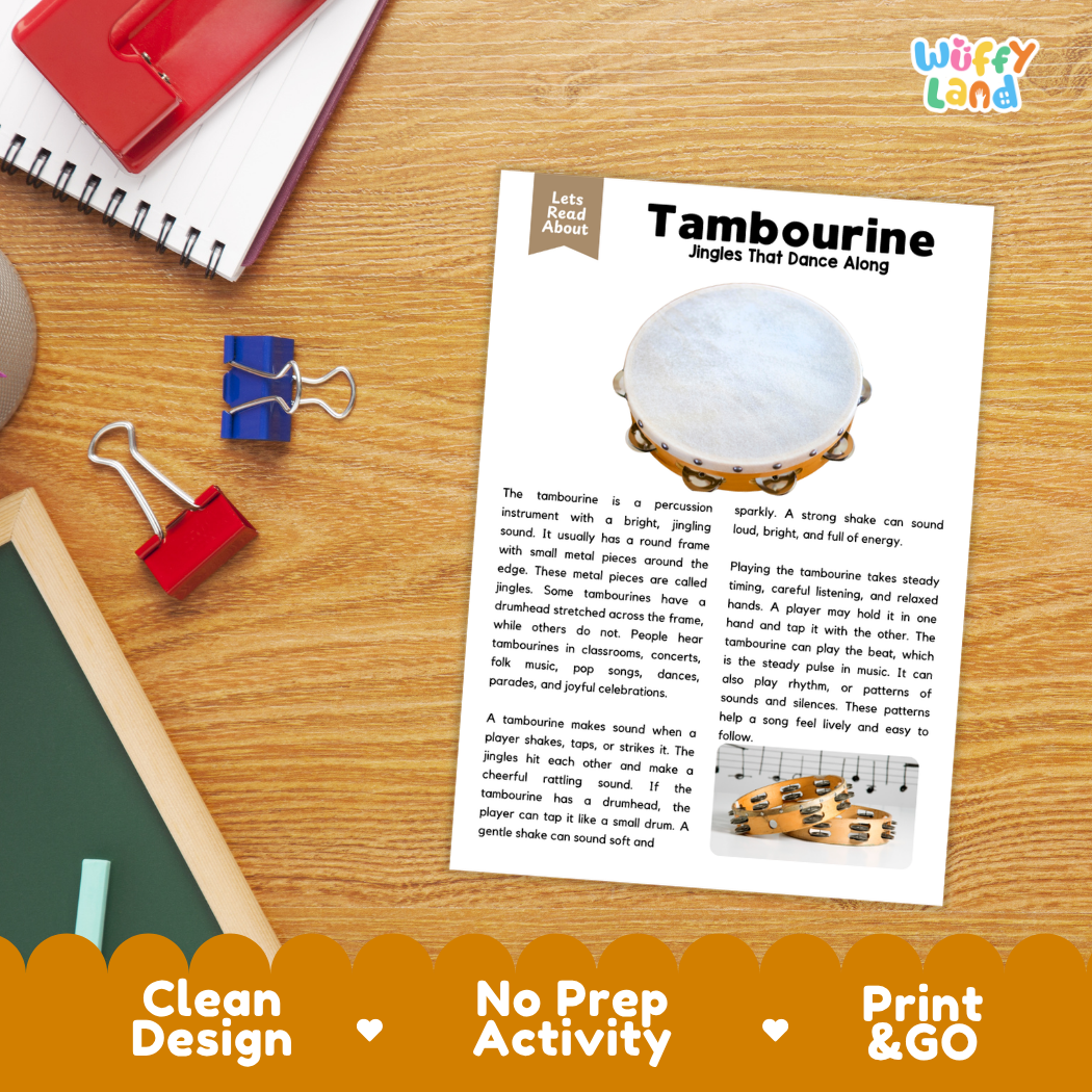 Student reading comprehension worksheet with short-answer questions and lined sections about the tambourine instrument