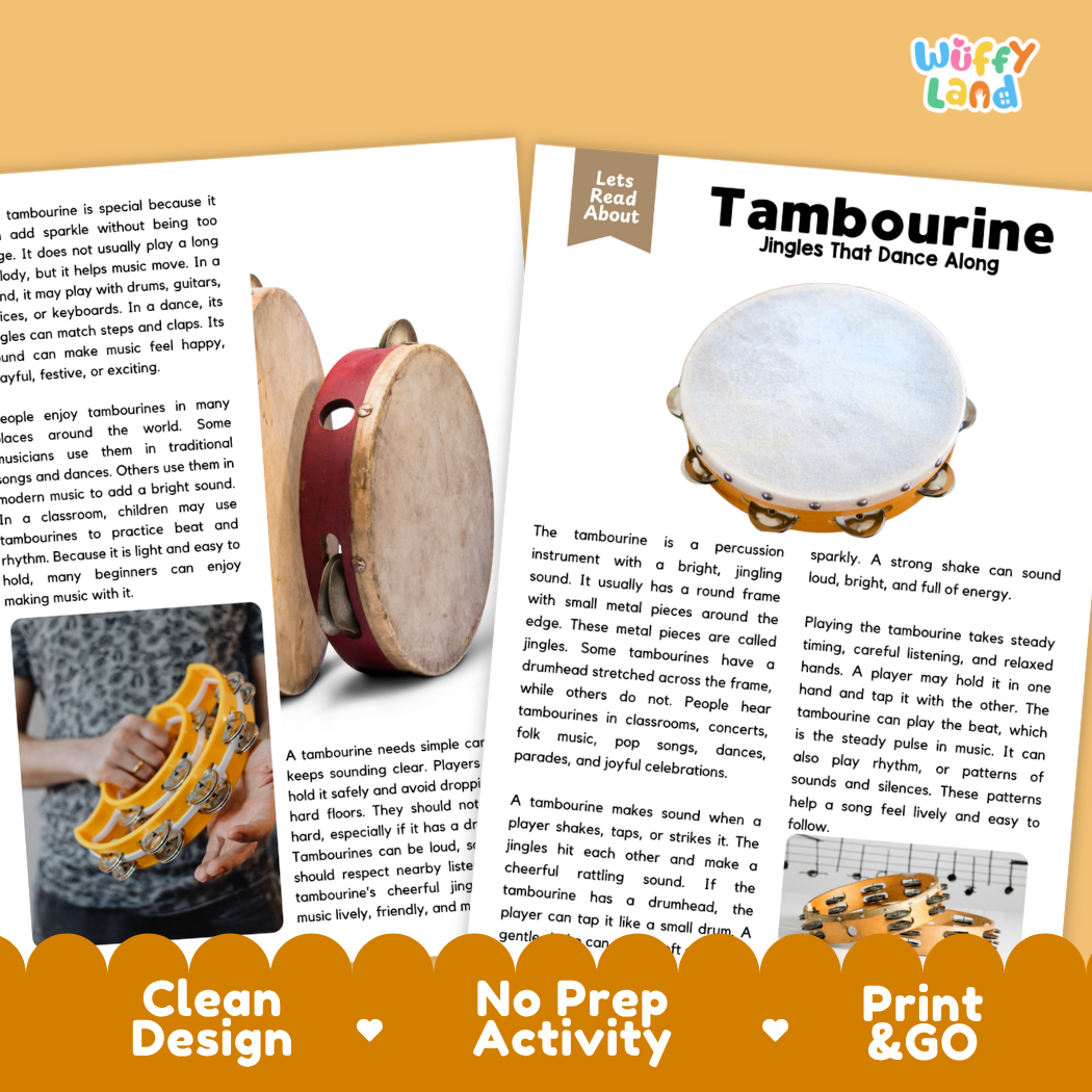 Teacher answer key page showing complete question solutions for Tambourine music education reading comprehension practice