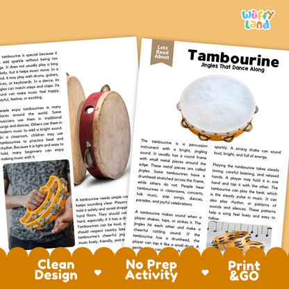 Teacher answer key page showing complete question solutions for Tambourine music education reading comprehension practice