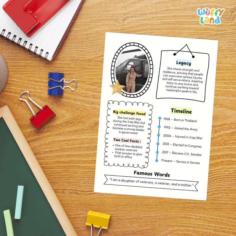 Guided research question worksheet organizer for students to research facts, challenges, and the legacy of Tammy Duckworth