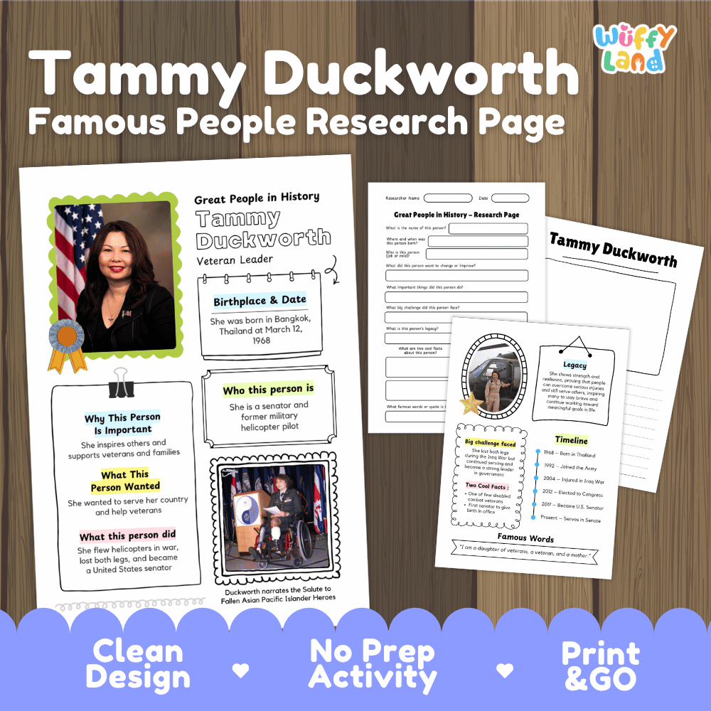 Tammy Duckworth biography research worksheets pack featuring graphic organizers, timeline activity, and student writing template