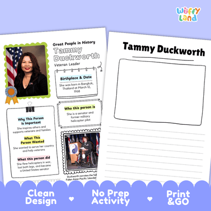 Educational biography summary worksheet featuring a chronological timeline, famous quote, and lined student writing page
