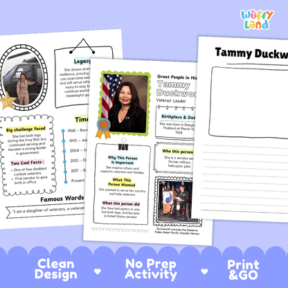 Great People in History student fact profile card detailing Tammy Duckworth's birthplace, military service, and achievements