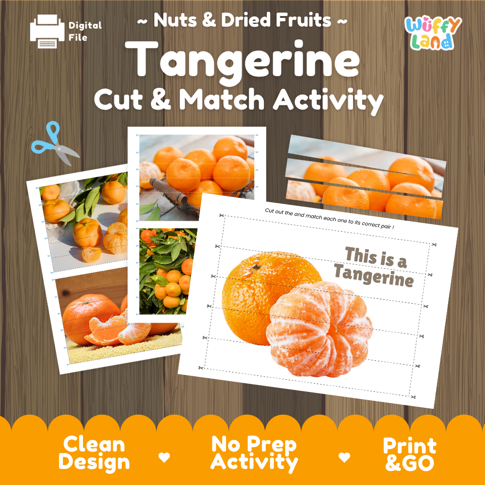 Tangerine cut and match activity cover showing printable fine motor puzzle sheets and citrus photographs