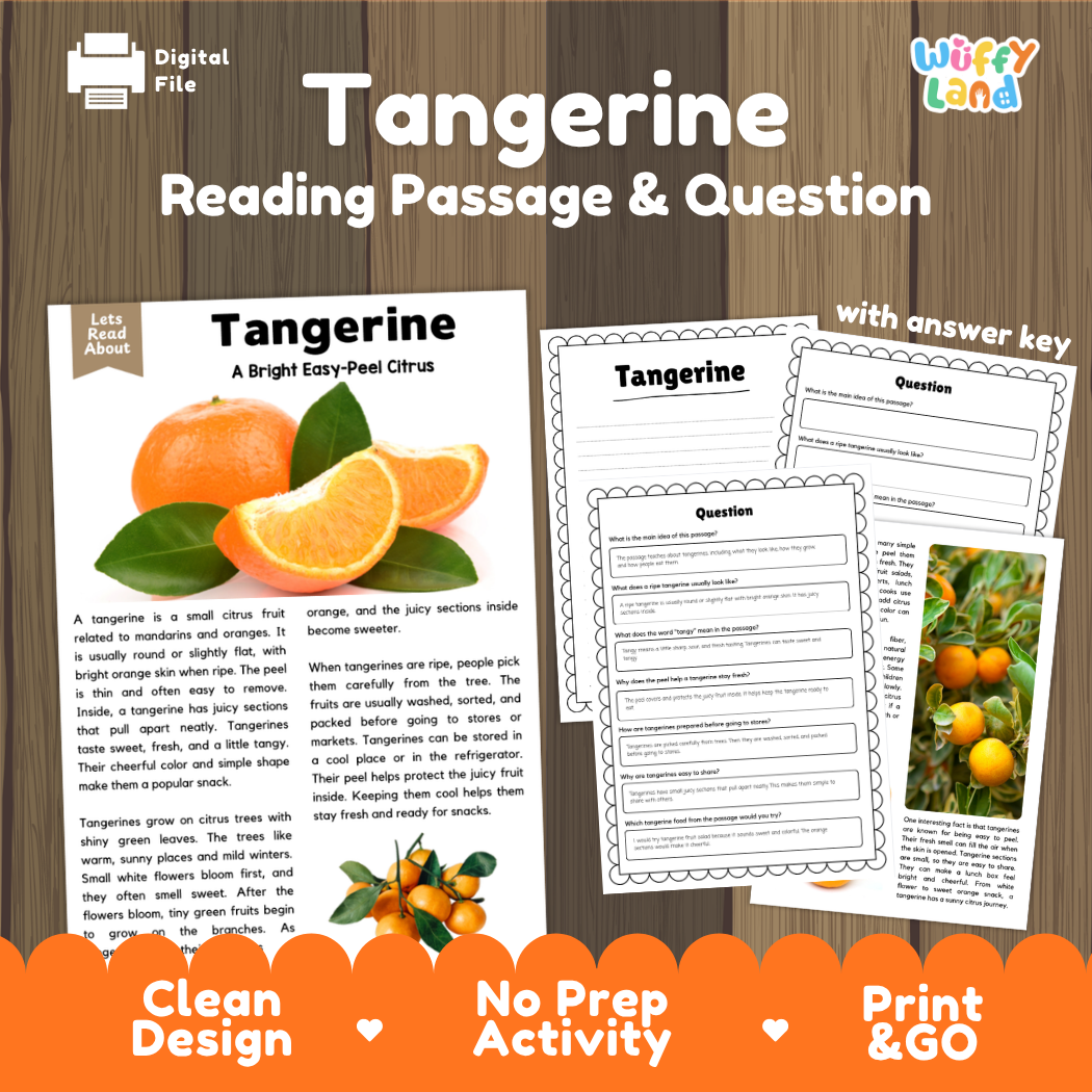 Tangerine reading comprehension passage and questions printable activity pack with answer key for elementary students