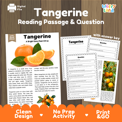 Tangerine reading comprehension passage and questions printable activity pack with answer key for elementary students