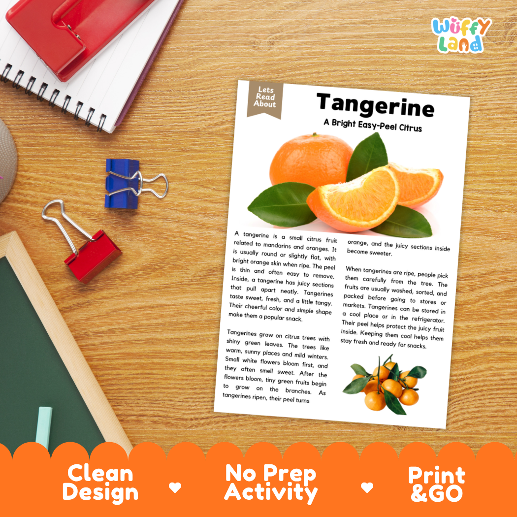 Student reading comprehension worksheet with short-answer questions and lined sections about tangerine citrus fruit