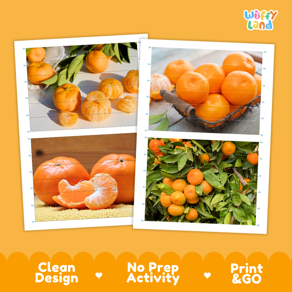 Printable activity sheets featuring photographic tangerine puzzle boards and cutting guides