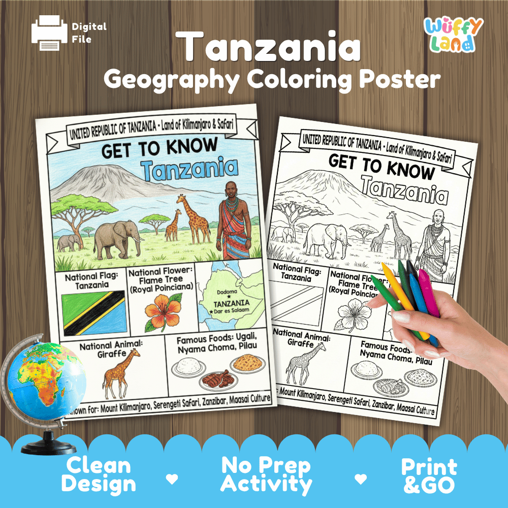 Tanzania Geography Coloring Poster and Fact Sheet Printable Worksheets