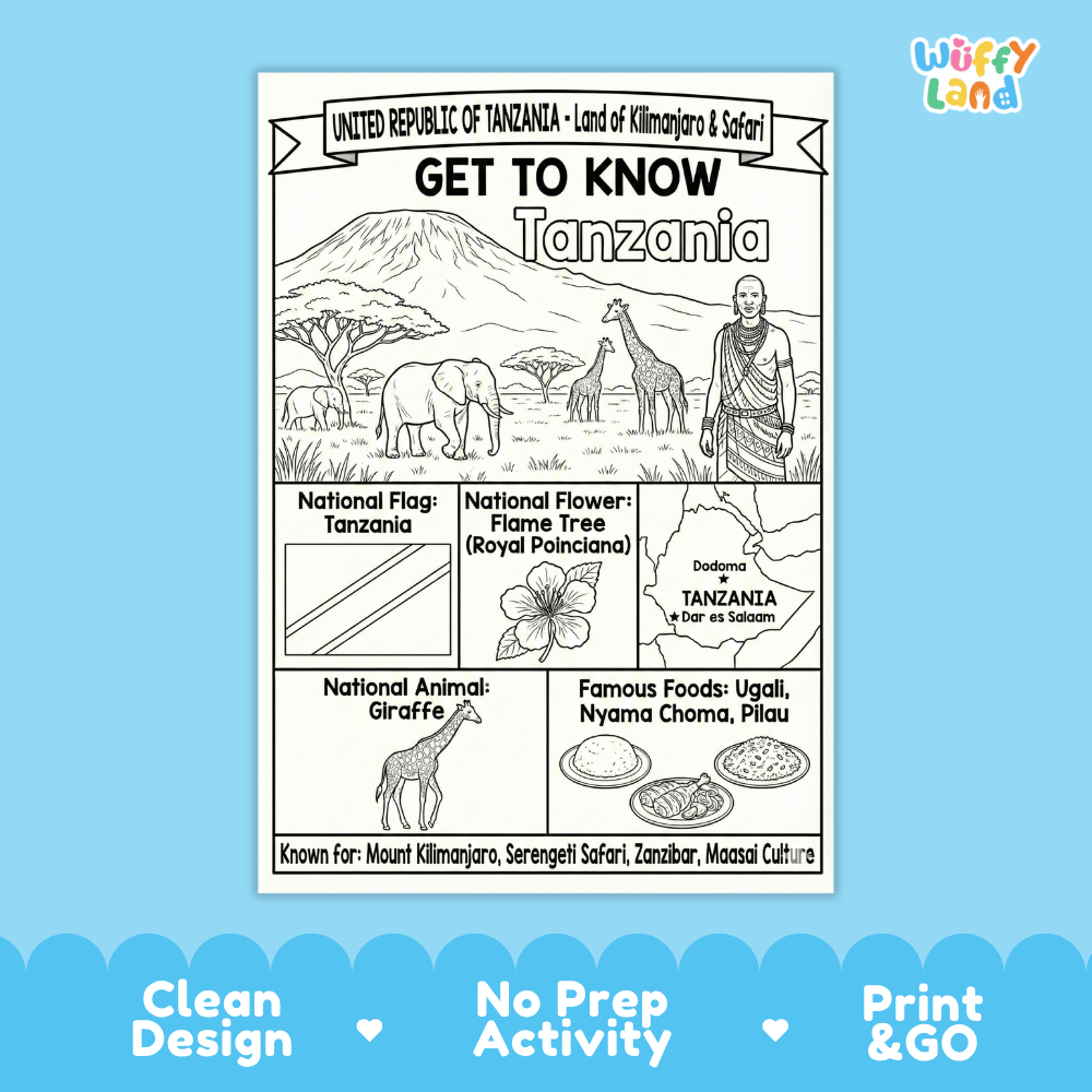 Tanzania Geography Coloring Poster and Fact Sheet Printable Worksheets