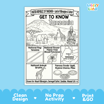 Tanzania Geography Coloring Poster and Fact Sheet Printable Worksheets