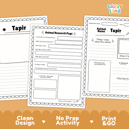 Tapir Animal Research Worksheets and Informational Fact Sheets