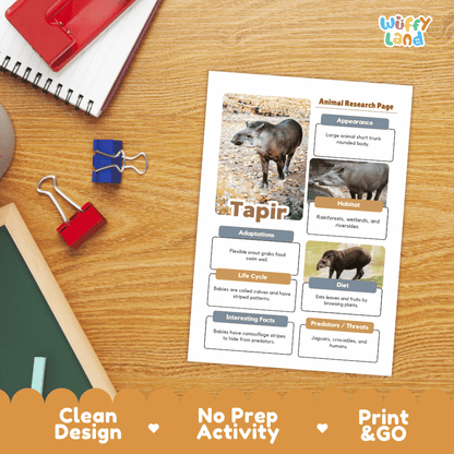 Tapir Animal Research Worksheets and Informational Fact Sheets