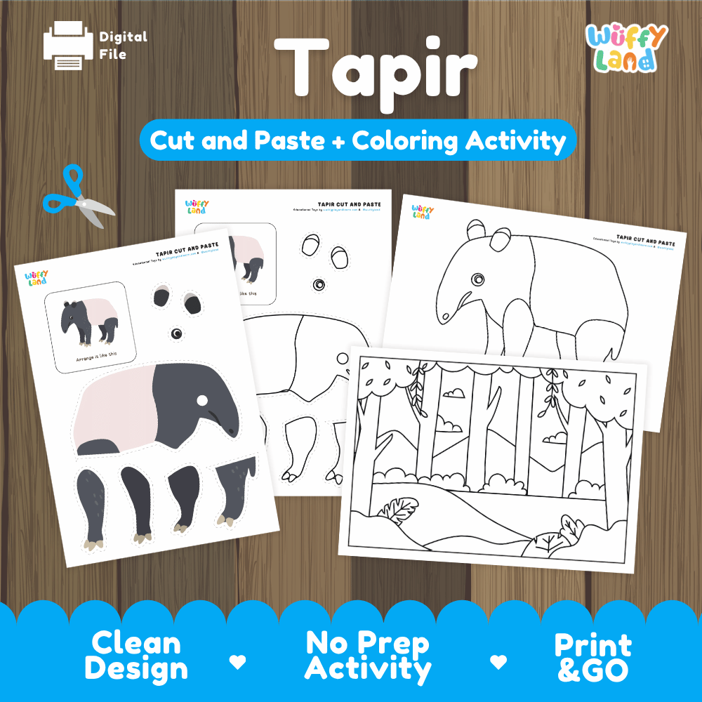 Tapir Cut and Paste Craft and Coloring Pages Activity Worksheets