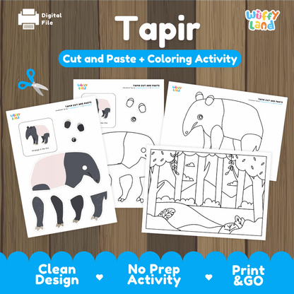 Tapir Cut and Paste Craft and Coloring Pages Activity Worksheets