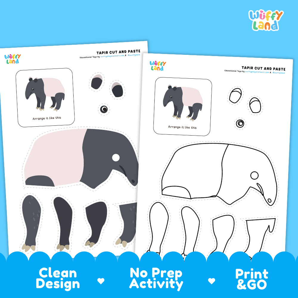 Tapir Cut and Paste Craft and Coloring Pages Activity Worksheets