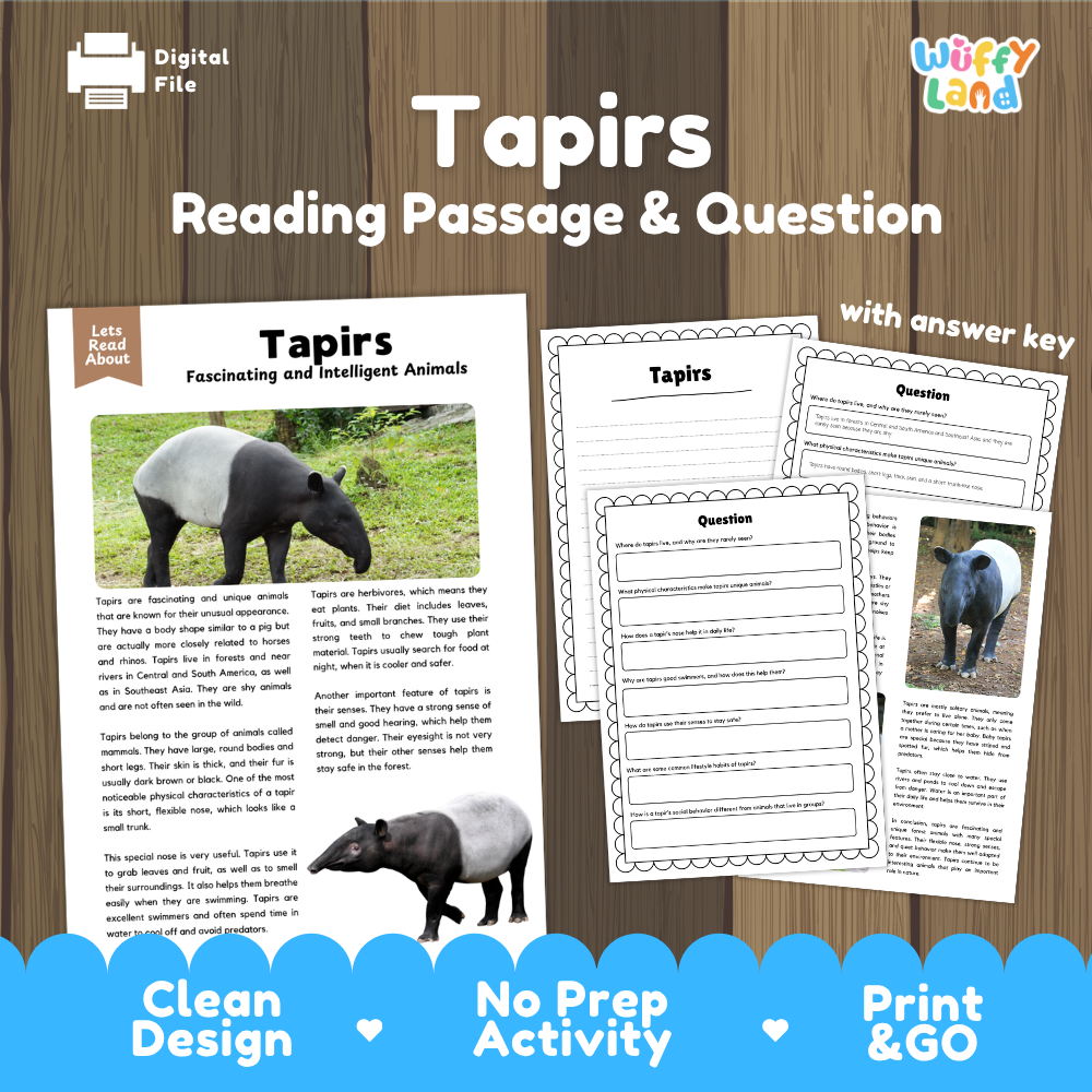 Tapirs Reading Passage and Comprehension Questions Worksheets with Answer Key