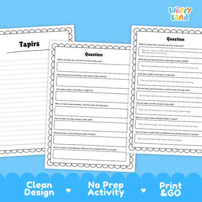 Tapirs Reading Passage and Comprehension Questions Worksheets with Answer Key