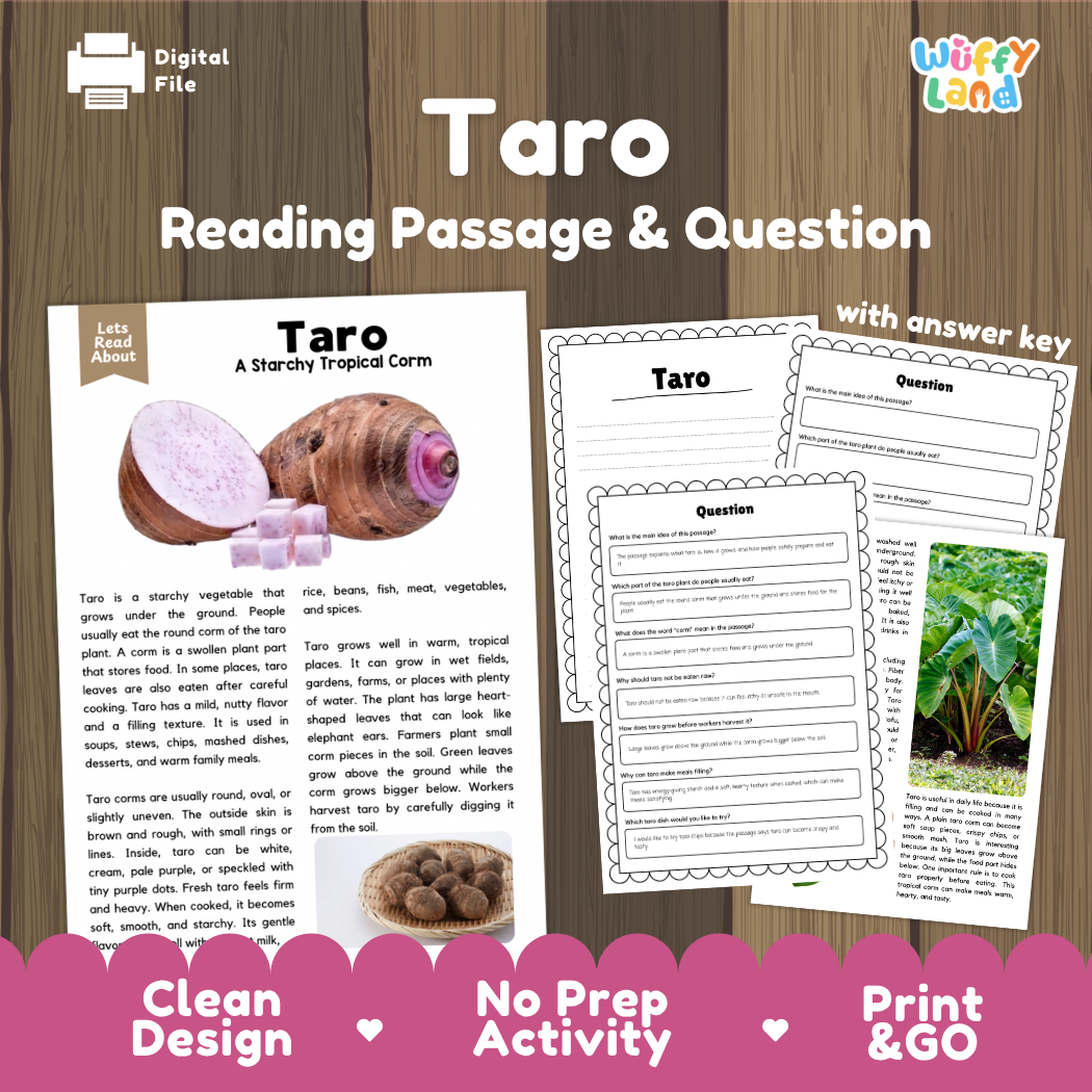 Taro reading comprehension passage and questions printable activity pack with answer key for elementary students