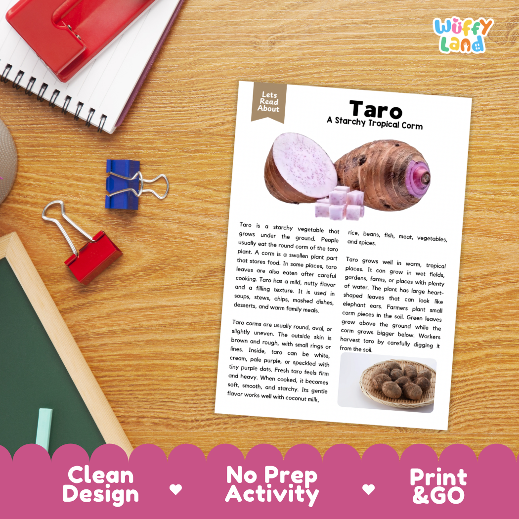Student reading comprehension worksheet with short-answer questions and lined sections about taro corm vegetables